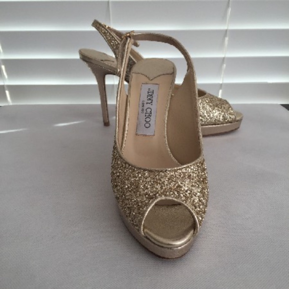 Jimmy Choo - Glitter Platform Peep-Toe Pumps US 7 | IT 37